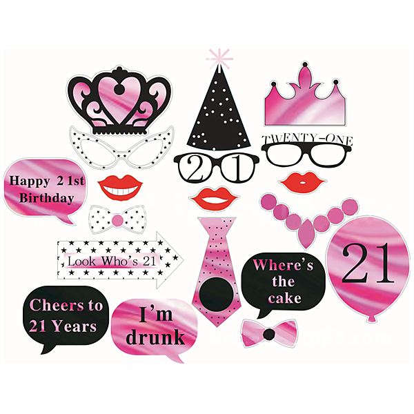 21st Birthday Pack Ready Made Card Props On Sticks Pink & Black Party ...