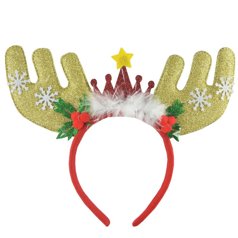 Gold Glitzy Reindeer with Star Crown Christmas Headband