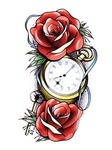 Rose & Pocket Watch Medium Sized Temporary Tattoo Body Art Transfer No. 08