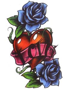 Traditional Heart and Rose Love Banner Medium Temporary Tattoo Body Art Transfer No. 137