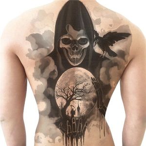 Grim Reaper Crystal Ball Halloween Full Back Temporary Tattoo Body Art Transfer No. 42