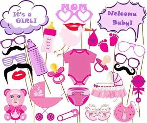 27PCS Baby Shower Photo Booth Props Little Girl New Born Party Decoration in Pink