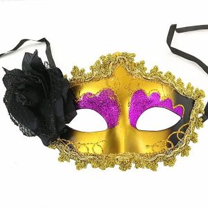 Beautiful Black Flowered Masquerade Mask in Gold & Purple.