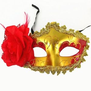 Beautiful Red Flowered Masquerade Mask in Gold
