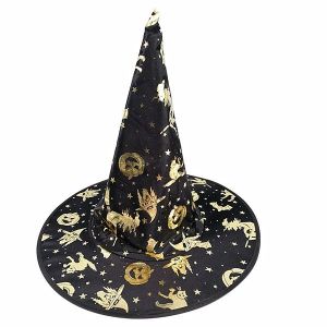 Shimmery Gold & Black Wizard & Witches Pointed Hat Halloween Fancy Dress Accessory