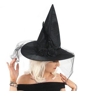 Flowered Black Witches Pointed Hat with Net Veil Halloween Fancy Dress Accessory