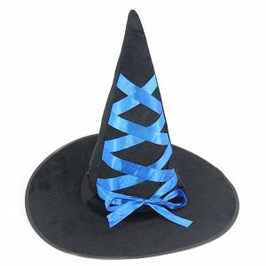 Bewitching Black Witches Pointed Hat With Blue Ribbon Halloween Fancy Dress Accessory