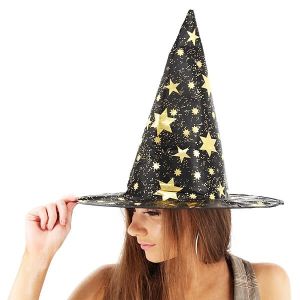 Black & Gold Stars Wizard & Witches Pointed Hat Halloween Fancy Dress Accessory