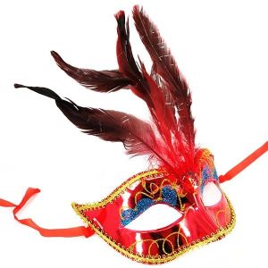 Burlesque Style Feathered Masquerade Mask in Red   