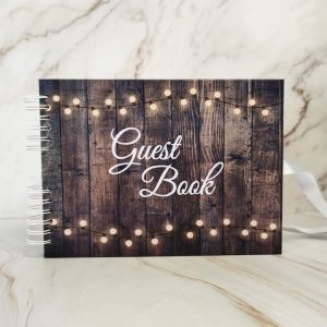 Dark Rustic Wood Warming Fairy Lights With 'Guest Book' Message With 6x4 Landscape Slip-in Pages