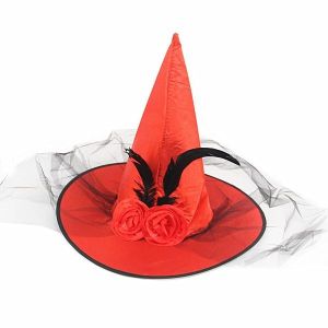 Flowered Red Witches Pointed Hat with Net Veil Halloween Fancy Dress Accessory