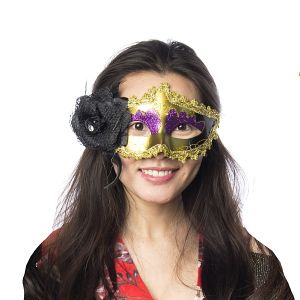 Beautiful Black Flowered Masquerade Mask in Gold & Purple.