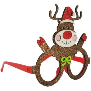 Glitzy Brown Hugging Reindeer With Santa Hat & Green Bow Christmas Glasses