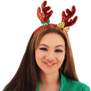 Glitzy Reindeer Antler With Gold Bow Christmas Headband -Red 