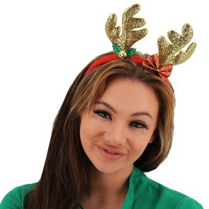 Glitzy Reindeer Antler With Red Bow Christmas Headband - Gold 