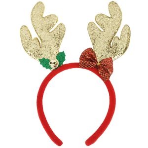 Glitzy Reindeer Antler With Red Bow Christmas Headband - Gold 