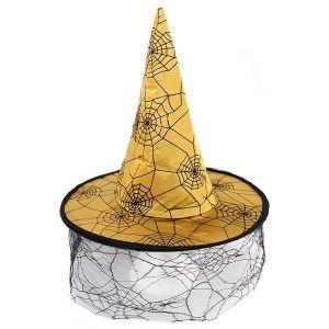 Gold & Black Spider Webs Witches Pointed Hat With Face Web Netting Halloween Fancy Dress Accessory