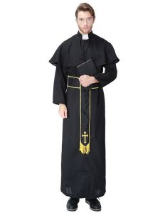 Male Black and Gold Priest Robe Vicar Fancy Dress Costume