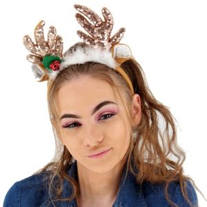 Rose Gold Glitzy Sequin Reindeer Antlers Headband 