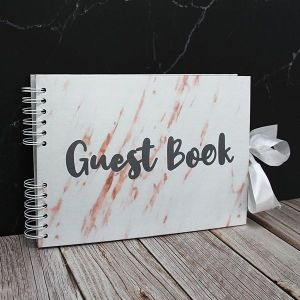Good Size White Marble Guestbook With Black ‘Guest Book’ Message With Plain Pages 