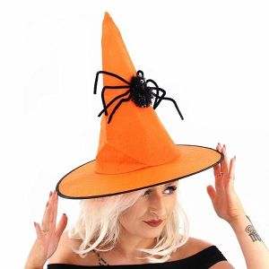 Orange Witches Pointed Hat with Spooky Spider Halloween Fancy Dress Accessory