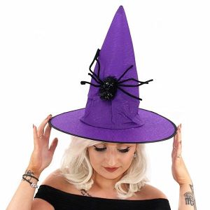 Purple Witches Pointed Hat with Spooky Spider Halloween Fancy Dress Accessory