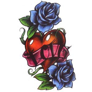 Traditional Heart and Rose Love Banner Medium Temporary Tattoo Body Art Transfer No. 137