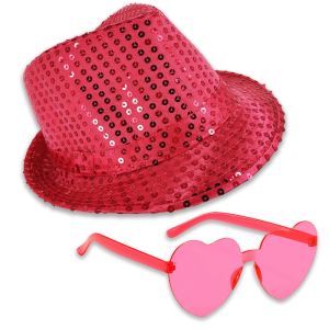 Sequin Fedora Gangster Trilby Hat With Heart Glasses Set - Hot Pink