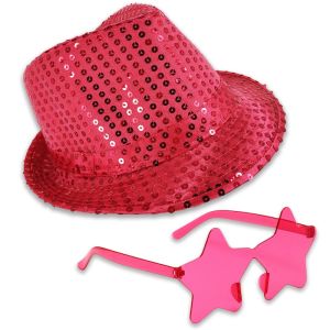 Sequin Fedora Gangster Trilby Hat With Star Glasses Set - Hot Pink