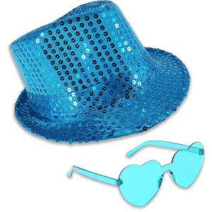 Sequin Fedora Gangster Trilby Hat With Heart Glasses Set - Sky Blue
