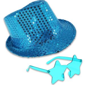 Sequin Fedora Gangster Trilby Hat With Star Glasses Set - Sky Blue