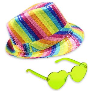 Sequin Fedora Gangster Trilby Hat With Heart Glasses Set - Rainbow