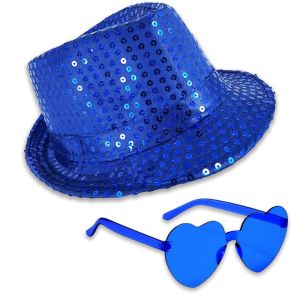 Sequin Fedora Gangster Trilby Hat With Heart Glasses Set - Royal Blue