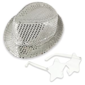 Sequin Fedora Gangster Trilby Hat With Star Glasses Set - Silver