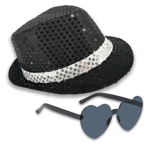Sequin Fedora Gangster Trilby Hat With Heart Glasses Set - Black With White Band