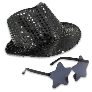 Sequin Fedora Gangster Trilby Hat With Star Glasses Set - Black