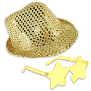 Sequin Fedora Gangster Trilby Hat With Star Glasses Set - Gold