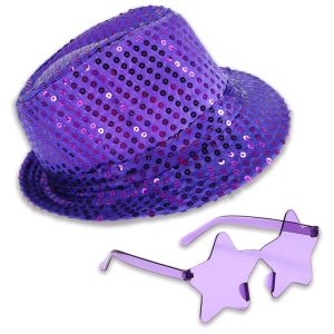 Sequin Fedora Gangster Trilby Hat With Star Glasses Set - Dark Purple