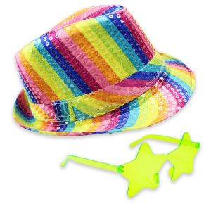 Sequin Fedora Gangster Trilby Hat With Star Glasses Set - Rainbow