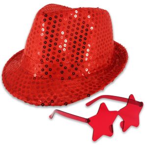 Sequin Fedora Gangster Trilby Hat With Star Glasses Set - Red