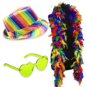 Sequin Fedora Gangster Trilby Hat with Heart Glasses and Feather Boa Set - Rainbow