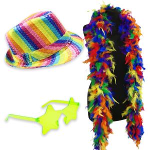 Sequin Fedora Gangster Trilby Hat with Star Glasses and Feather Boa Set - Rainbow