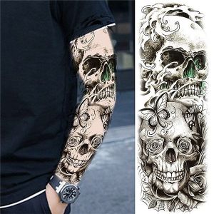 Black and Grey Pretty Flowered Skull Sleeve Temporary Tattoo Body Art Transfer No. 64