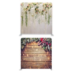 8ft*8ft Beautiful Pastel Flowers Foliage And Rustic Wood Candy Cane Xmas Backdrop, With or Without Tension Frame