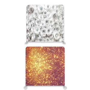 8ft*8ft Gold Glitter Effect and White Roses Backdrop, With or Without Tension Frame