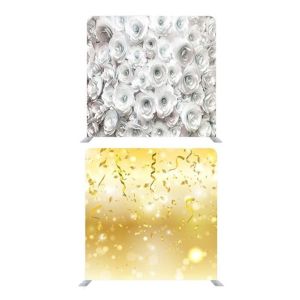 8ft*8ft White Roses and Gold Glitter with Party Streamers Backdrop, With or Without Tension Frame