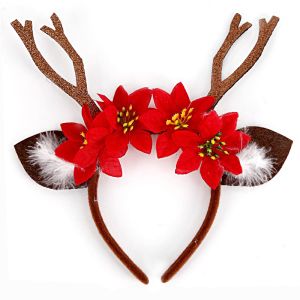 Christmas Festive Headband - Brown Reindeer Antler With Red Flowers