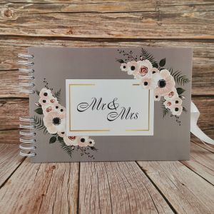 Good Size, Grey Floral Frame ‘Mr & Mrs’ Guestbook With 6x4 Landscape Slip-in Pages