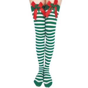 Adult Stockings – Xmas White & Green Striped with Bows