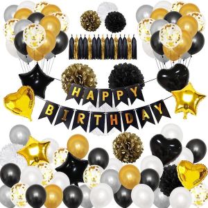 Black, Gold & Silver Birthday Balloon Bundle with Birthday Bunting